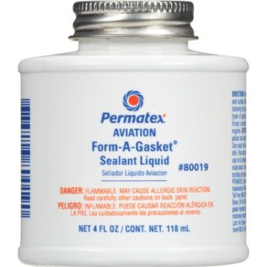Permatex Aviation Form-A-Gasket Sealant Liquid in a white container with a silver cap. The label includes safety warnings and product details. The container holds 4 fluid ounces (118 mL) of sealant liquid, ideal for aviation applications.
