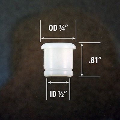 White cable fairlead with dimensions labeled: outer diameter (OD) 3/4 inch, inner diameter (ID) 1/2 inch, and height 0.81 inches, on a dark background.