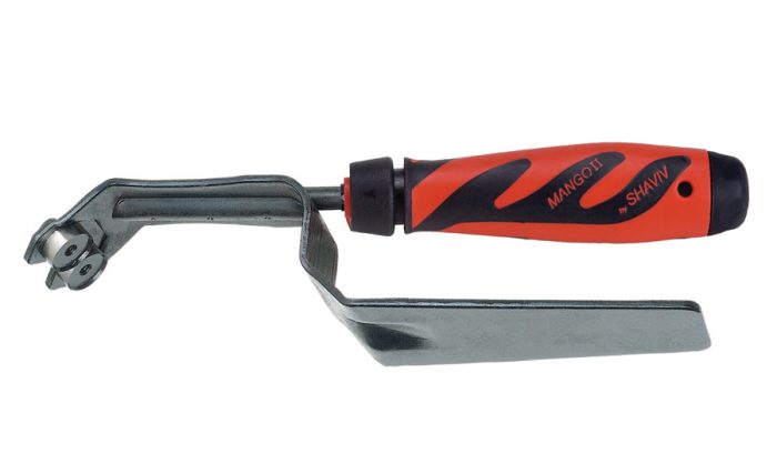Double Edge Debur Tool with a red and black ergonomic handle and dual metal blades for smoothing edges.