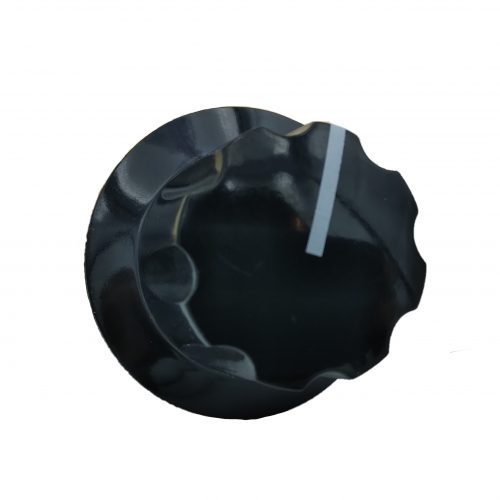 Black wiring rheostat knob with a grooved edge and a white indicator line.