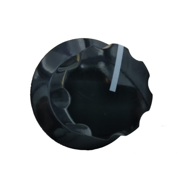 Black wiring rheostat knob with a grooved edge and a white indicator line.