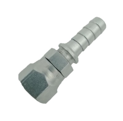 A metallic flared female tube adapter with a hexagonal nut and a ribbed hose connection end, designed for secure fitting in fluid systems.