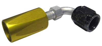 A 45 and 90 degree flared fitting featuring a yellow anodized aluminum end and a black hexagonal nut. The fitting has a curved metal connector, designed for fluid transfer in plumbing or automotive applications.