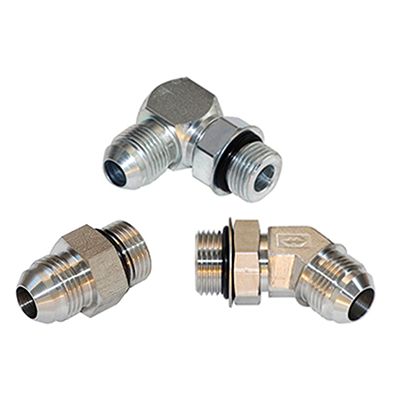 Three metallic fuel pump adapters with threaded ends and rubber seals, shown in different angles.