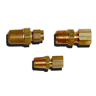 Three brass compression male connectors are displayed against a plain background, showing different angles and threading details.