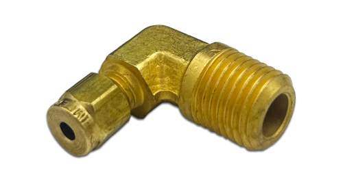 Image of an Elbow Connector Brass Compression fitting, featuring a right-angle design with threaded ends. The brass material gives it a shiny, gold appearance, suitable for plumbing or industrial applications.