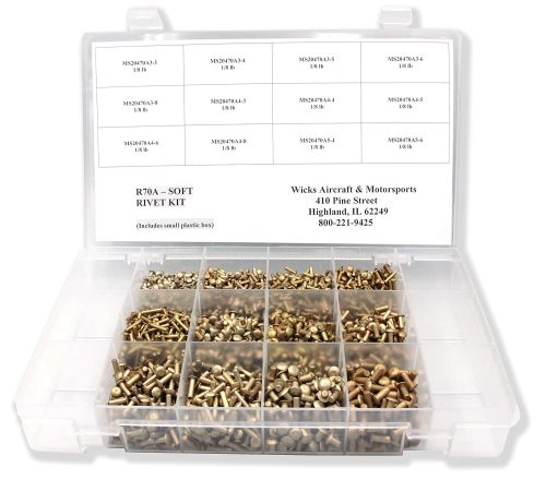A clear plastic storage box containing a solid rivet kit. The box is divided into compartments, each filled with various sizes and types of rivets. The lid features labels indicating the rivet specifications.