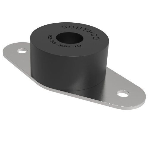 Rubber Vibration Mount featuring a cylindrical black rubber body with a central hole, mounted on a silver metal base with two mounting holes. Designed to reduce vibrations in various applications.