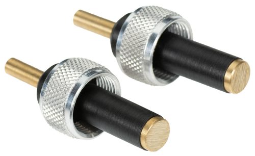 Magneto P-Lead Adapter featuring two cylindrical connectors with a knurled silver grip and black rubber sections. Each connector has a gold-colored metal tip, designed for secure electrical connections in various applications.
