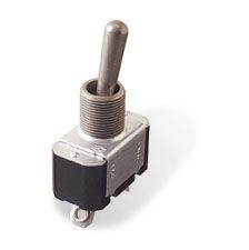 Toggle switch from the MS35058 Series, featuring a metallic lever and a rectangular base. The switch has a threaded mount and electrical terminals visible at the bottom, designed for easy installation in various applications.
