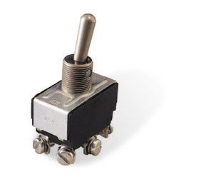 Toggle switch from the MS35059 Series, featuring a metal lever and a rectangular base with four terminals. The switch is designed for easy operation and secure connectivity in various electrical applications.