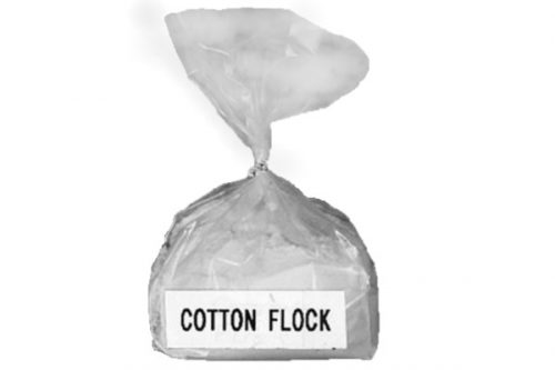 A clear plastic bag filled with cotton flock, labeled "Cotton Flock" in bold black letters. The bag is tied at the top, and the cotton is visible through the transparent material.