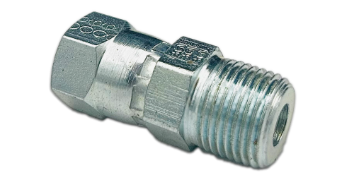 Image of a metal Female 37° Swivel Fitting with a hexagonal nut and threaded end. The fitting is designed for secure and adjustable connections in hydraulic systems. The surface is metallic and slightly reflective.