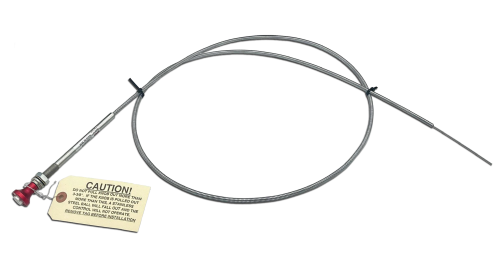 Image of an A700 Button Lock Control featuring a long cable with a red button lock mechanism at one end and a caution tag attached. The cable is coiled, highlighting its length and flexibility.