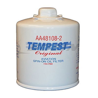 A white aviation oil filter labeled "Tempest Original" with the model number AA48108-2. The filter features a spin-on design, commonly used in aviation applications, with clear text indicating its purpose and specifications.