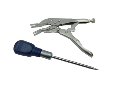 Silver Adel pliers with a locking mechanism next to a blue-handled awl on a white background.