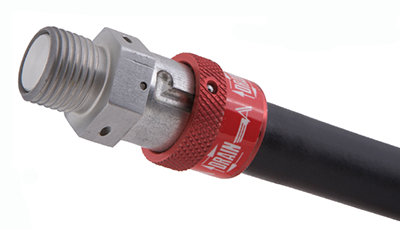 EZ Drain Valve featuring a metallic connector with a threaded end and a red, knurled grip. The valve is attached to a black hose, designed for easy drainage. The overall design emphasizes functionality and ease of use.