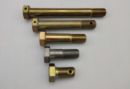 Five metal bolts of varying lengths are aligned horizontally on a plain background. The bolts are labeled "Bolt AN6 – 3/8″ (24)" in the post title. Each bolt has a hexagonal head and threaded ends.