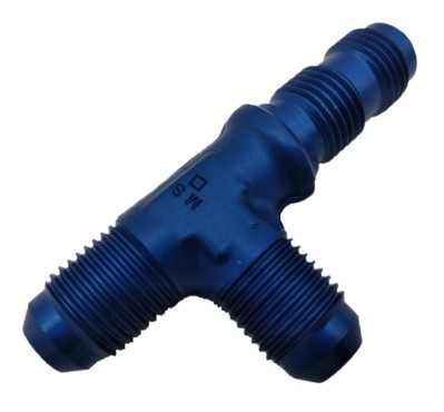 Blue AN804 Tee Fitting with three threaded ends, designed for connecting pipes.
