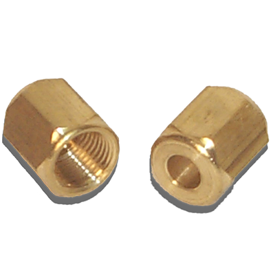 Two AN805 Brass Union Nuts are shown, one displaying its threaded interior and the other its smooth exterior, both with a shiny brass finish.
