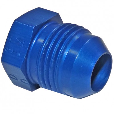 Image of an AN806 plug, featuring a blue, hexagonal shape with threaded ridges. The plug is designed for secure fitting in mechanical or hydraulic systems.