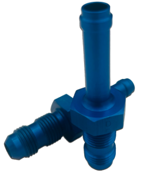Image of a blue AN807 adapter featuring multiple threaded connectors. The adapter has a hexagonal central section and cylindrical extensions, designed for fluid or gas connections.