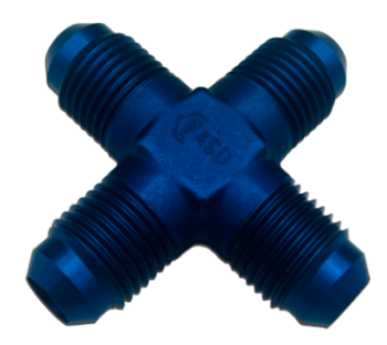 Image of an AN827 Cross Fitting, featuring a blue, four-way connector with threaded ends, designed for joining pipes or tubes.