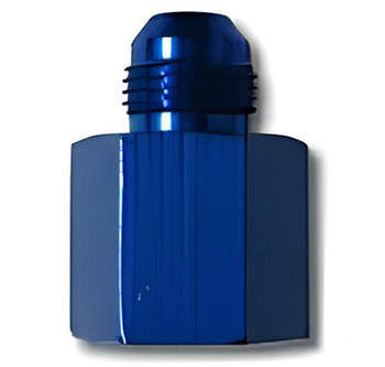 Blue AN894 Flared Tube Reducer and Expander with a hexagonal base and threaded top, designed for fluid or gas connections.