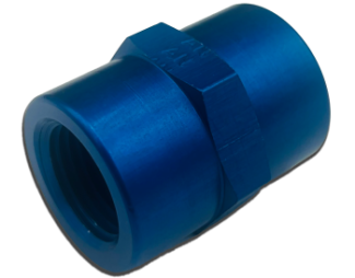 Image of an AN910 Coupling Fitting in blue. The fitting is cylindrical with a hexagonal middle section, designed for connecting pipes or hoses.