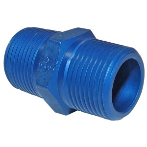 Blue AN911 nipple fitting with threaded ends, used for connecting pipes or hoses.