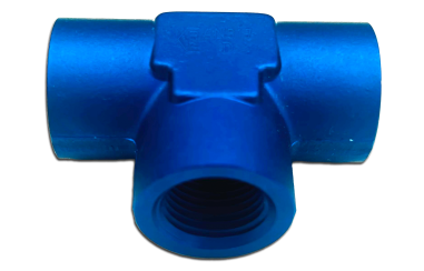 Image of a blue AN917 Tee Fitting, featuring a T-shaped design with three threaded openings for connecting pipes.