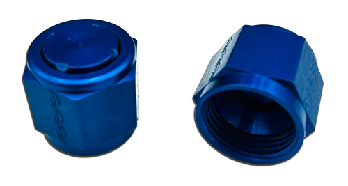 Two blue AN929 cap fittings are shown. One is upright, displaying its hexagonal shape, while the other is tilted, revealing its threaded interior.