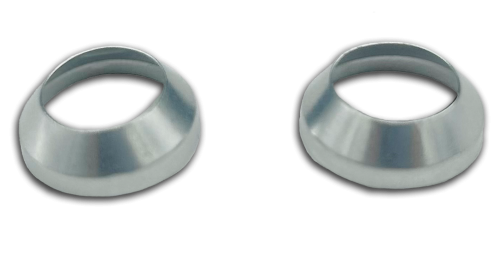 Two metallic seal fittings are displayed against a black background. The fittings are circular with a slightly conical shape, designed for secure sealing applications.