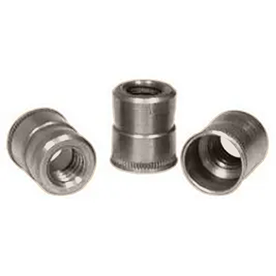 Three metallic aircraft nutserts are displayed, showcasing their cylindrical shape and threaded interiors. The nutserts are arranged in a way that highlights their design, with one upright and two at angles, emphasizing their use in aircraft assembly.
