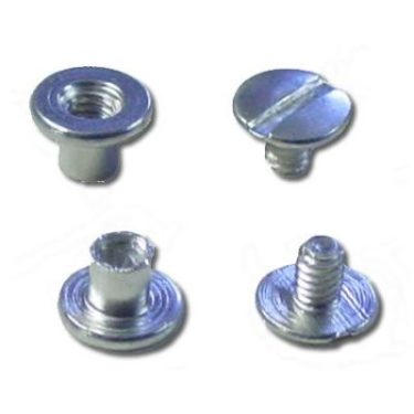 Baffle Fastener Kit featuring four metal fasteners in various shapes, including a slotted screw, a round screw with a socket, and two others with different threading. The fasteners are shiny and metallic, suitable for securing baffles in place.