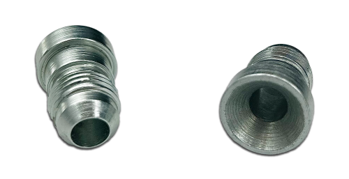 Two metal 37° fitting reducers are shown against a plain background. One is angled to display the threaded exterior, while the other reveals the hollow interior.