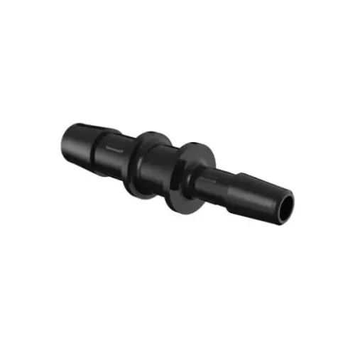 Reduction Coupler: A black plastic fitting with a tapered design, featuring two ends of different diameters for connecting hoses or pipes. The center has a slightly wider section, allowing for a secure fit between varying sizes.