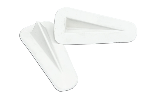 Two white, triangular control cable fairings with smooth surfaces and beveled edges are displayed. They are positioned at different angles, highlighting their aerodynamic design.