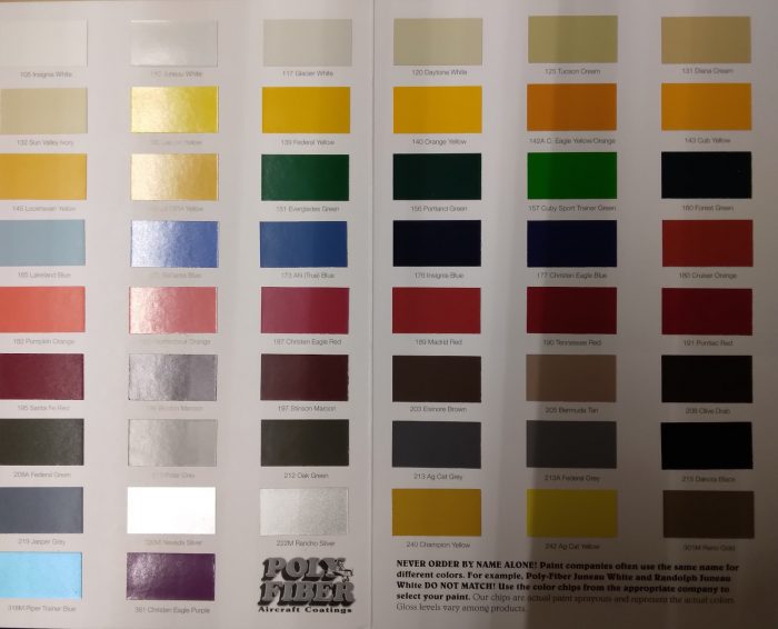 Poly-Fiber Color Chart displaying a grid of various color swatches, including shades of yellow, blue, green, red, and gray. Each swatch is labeled with its respective color name.
