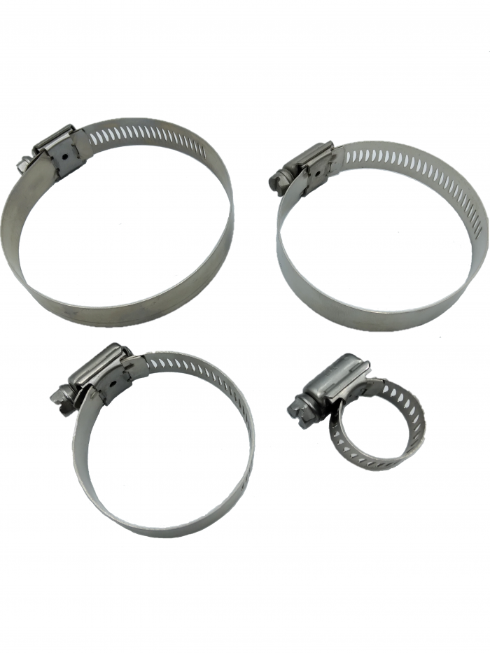 Four metal hose clamps of varying sizes are arranged on a white background. Each clamp features a screw mechanism for tightening.