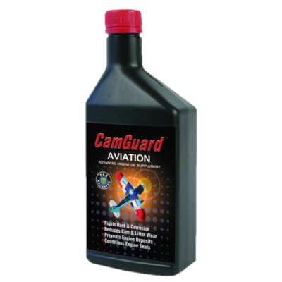 Bottle of Camguard Aviation Oil Supplement with a red cap. The label features an image of an airplane and text highlighting its benefits, such as reducing wear and corrosion. The bottle is black and rectangular.