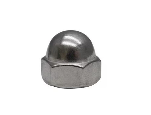 Image of a cap nut, featuring a smooth, rounded top and hexagonal base. The metal surface is shiny and reflective.