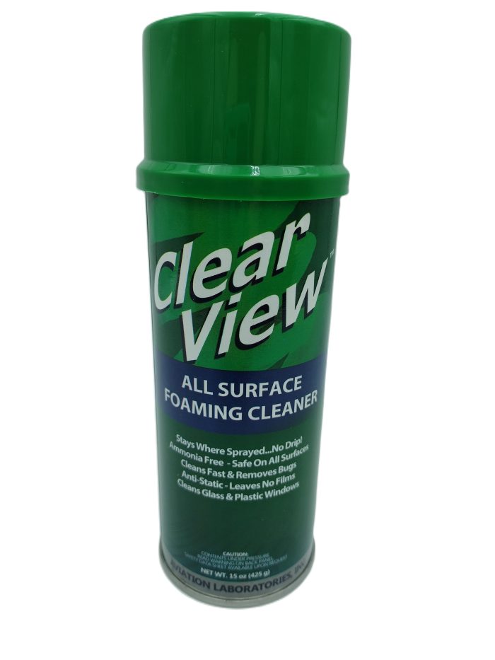 A green aerosol can labeled "ClearView All Surface Foaming Cleaner." The can features white and blue text, indicating it cleans, protects, and polishes various surfaces. The design emphasizes its versatility for cleaning tasks.