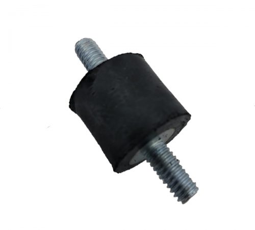 A round shock mount with a black rubber body and threaded metal studs on both ends, designed to absorb vibrations and reduce noise in mechanical applications.