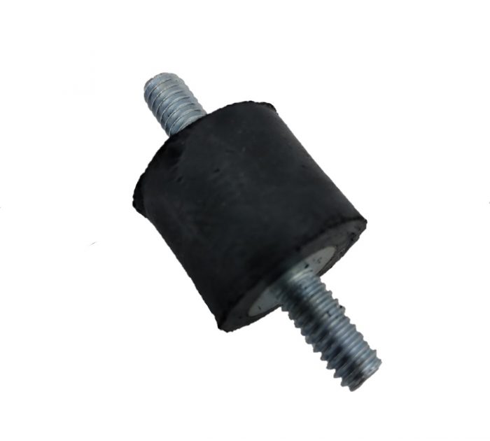 A round shock mount with a black rubber body and threaded metal studs on both ends, designed to absorb vibrations and reduce noise in mechanical applications.