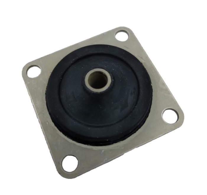 Square shock mount with a black rubber center and metal base featuring four holes at each corner for mounting.