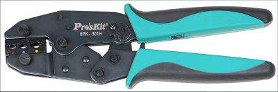 Image of a terminal crimper with black metal jaws and green ergonomic handles. The tool is designed for crimping electrical terminals, featuring multiple crimping slots for different sizes.