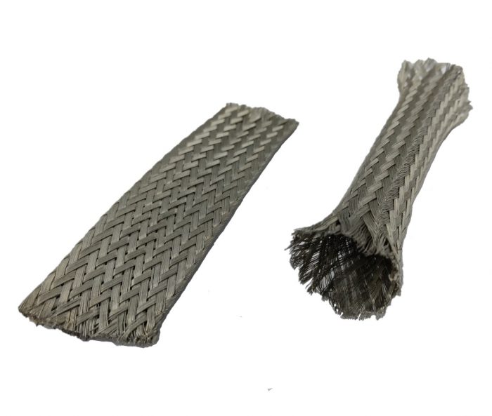 Two pieces of tinned copper braid, one flat and the other tubular, displayed on a white background.