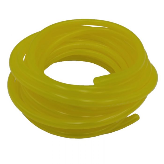 Coiled yellow Tygon tubing on a white background.