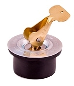 Vacuum Bottle Type Fuel Cap featuring a metallic lever and a rubber base. The cap is circular with a shiny metal edge and a prominent lever for easy handling, designed to securely seal fuel containers.